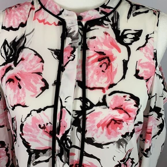 Karl Lagerfeld White, Black & Pink Floral Cold Shoulder Blouse Top - Picture 2 of 12